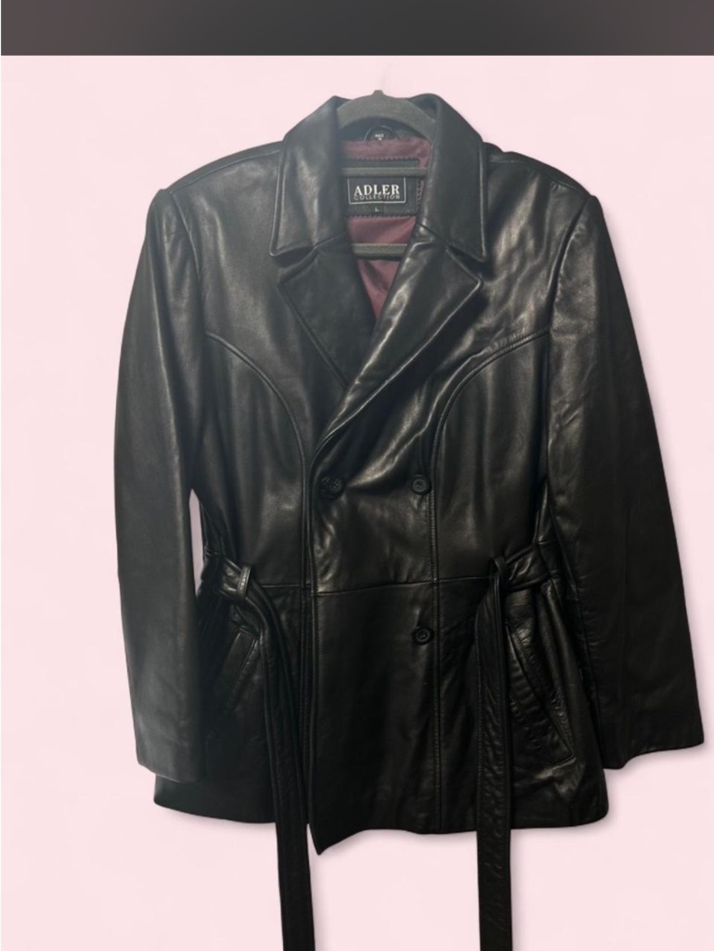Adler Black Leather Double-Breasted Belted Jacket